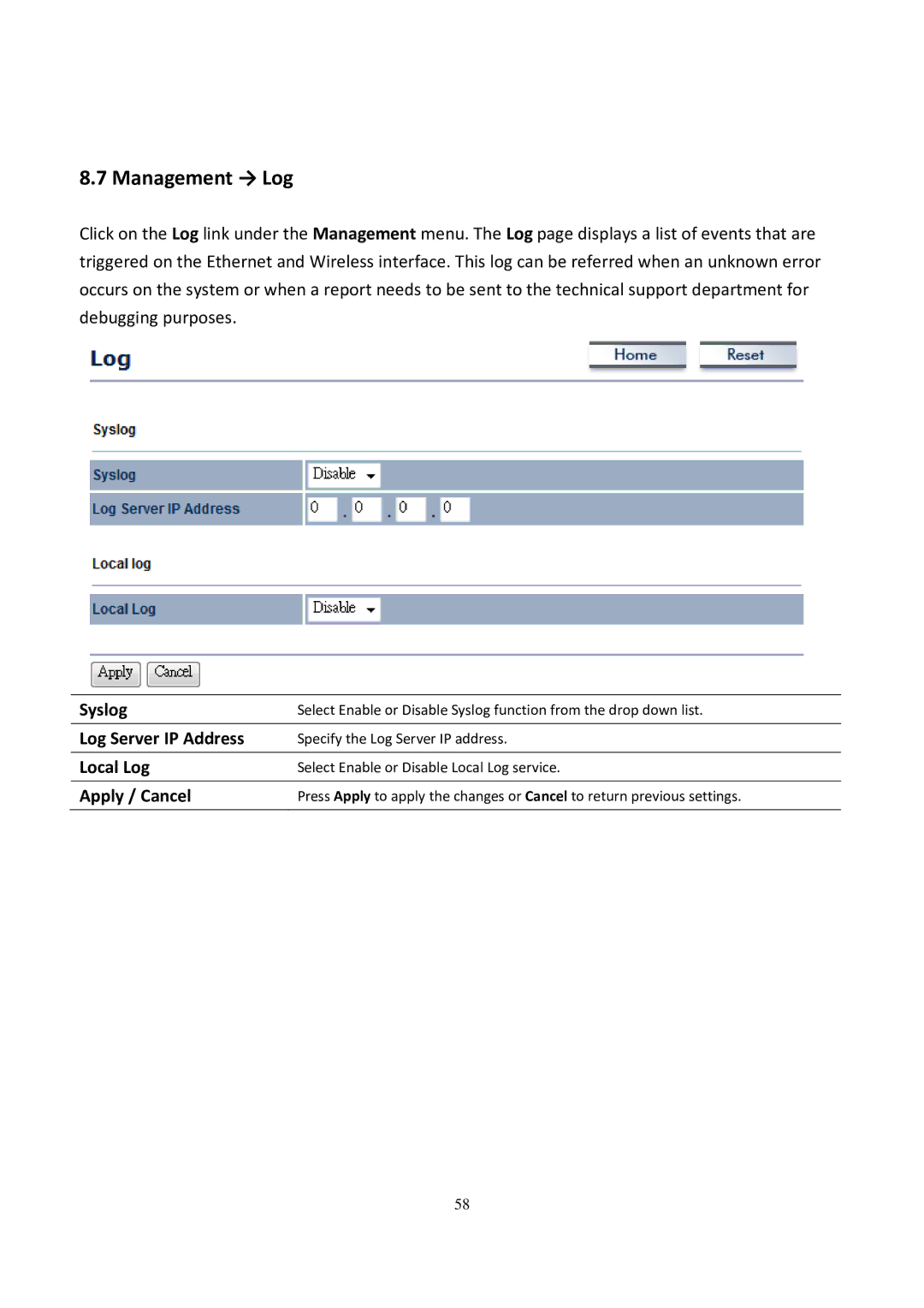 EnGenius Technologies EOC5611P user manual Management → Log, Syslog, Log Server IP Address, Local Log 