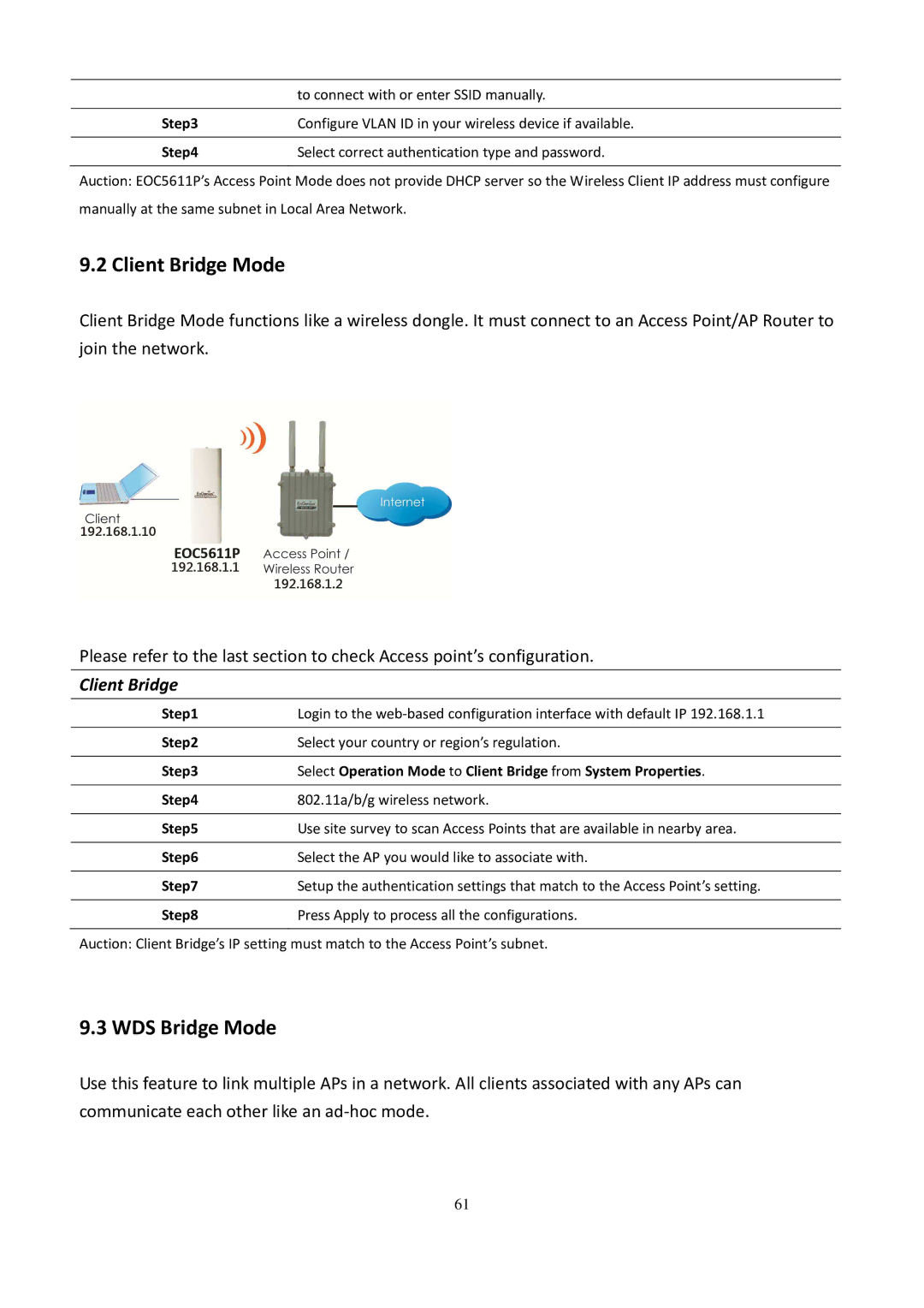 EnGenius Technologies EOC5611P user manual Client Bridge Mode, WDS Bridge Mode 