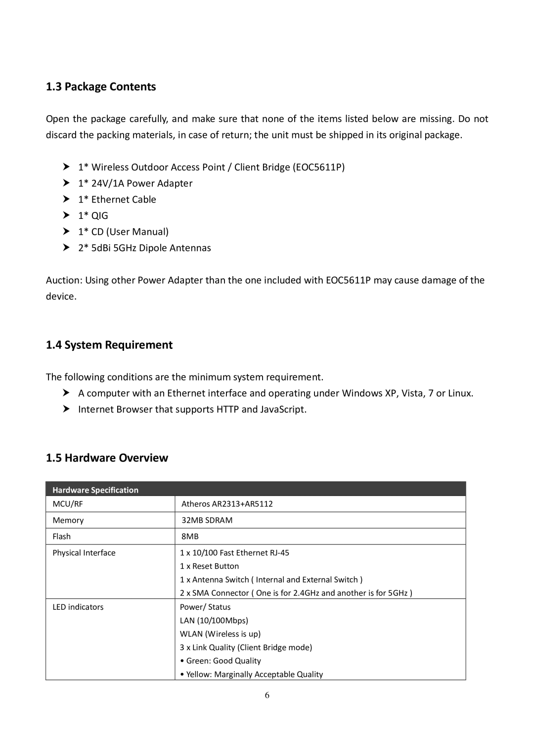 EnGenius Technologies EOC5611P user manual Package Contents, System Requirement, Hardware Overview 