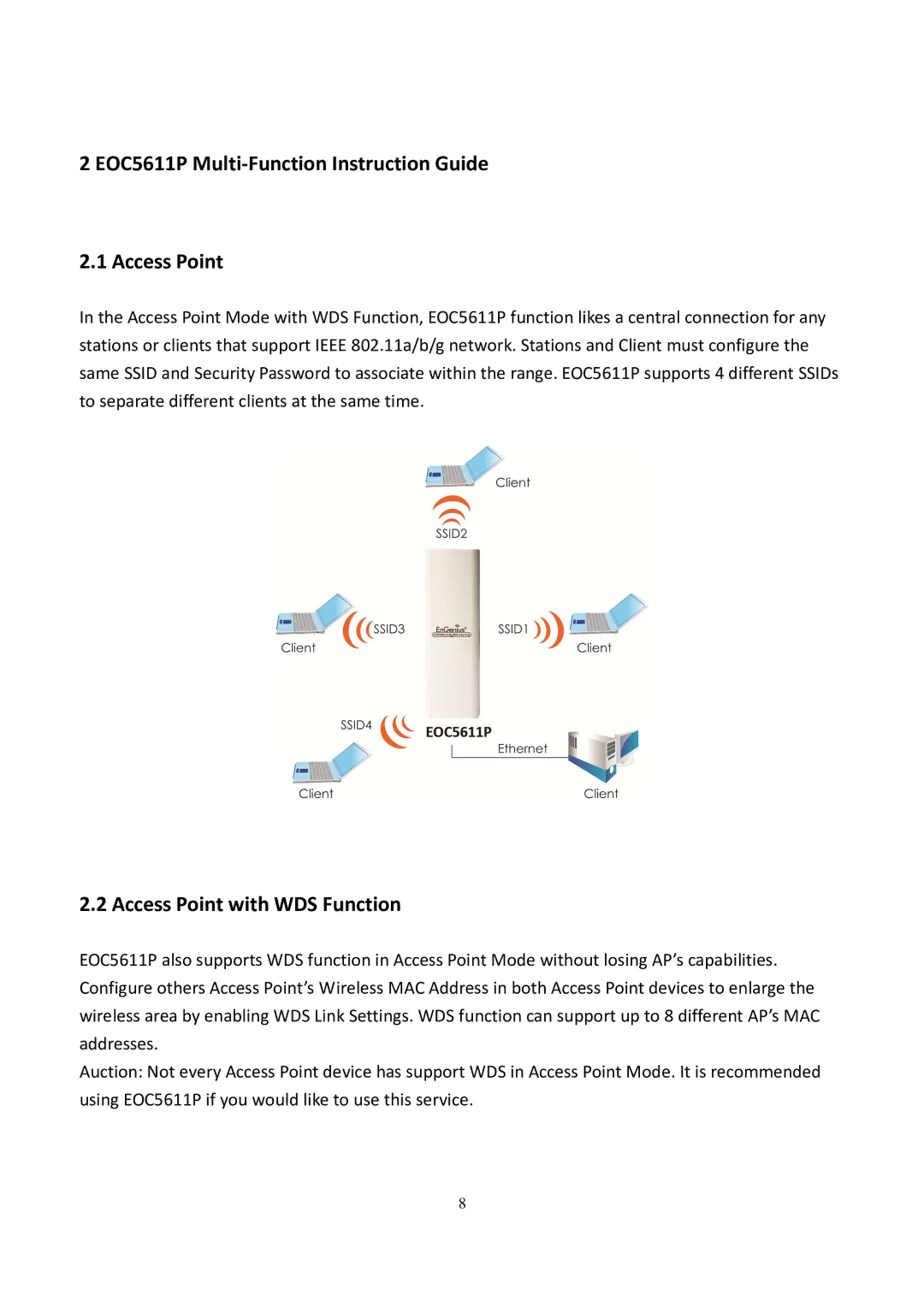 EnGenius Technologies user manual EOC5611P Multi-Function Instruction Guide Access Point, Access Point with WDS Function 