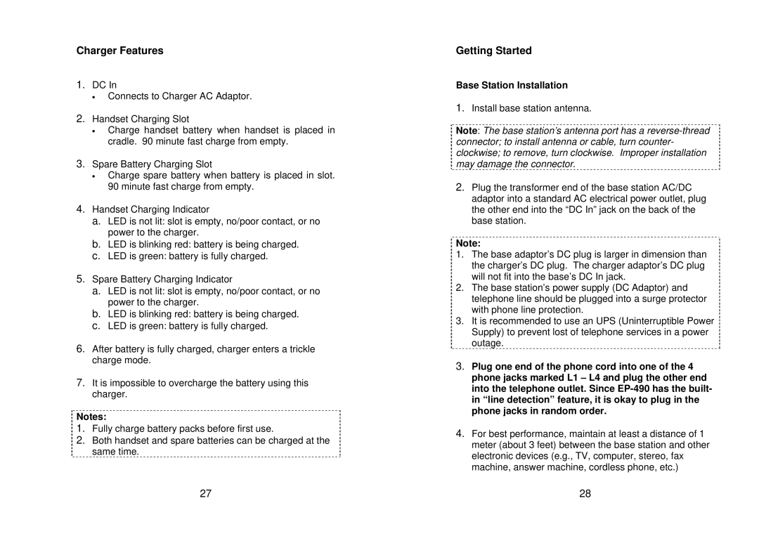 EnGenius Technologies EP-490 user manual Charger Features, Getting Started, Base Station Installation 