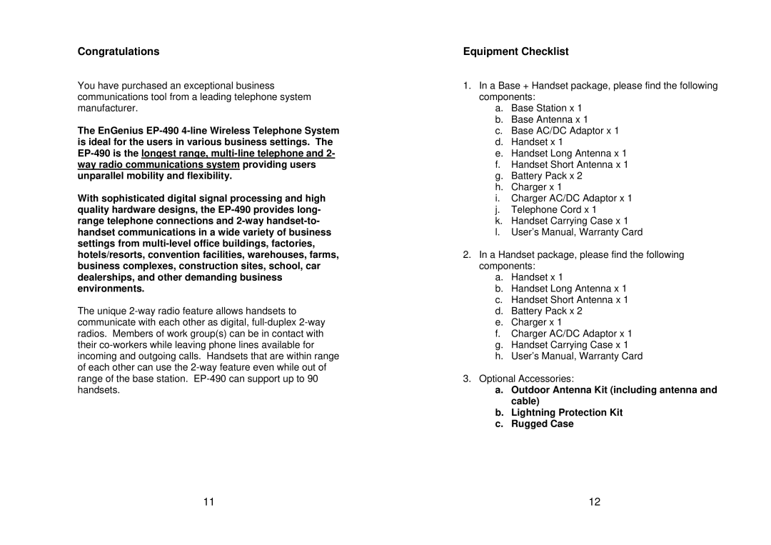 EnGenius Technologies EP-490 user manual Congratulations, Equipment Checklist 