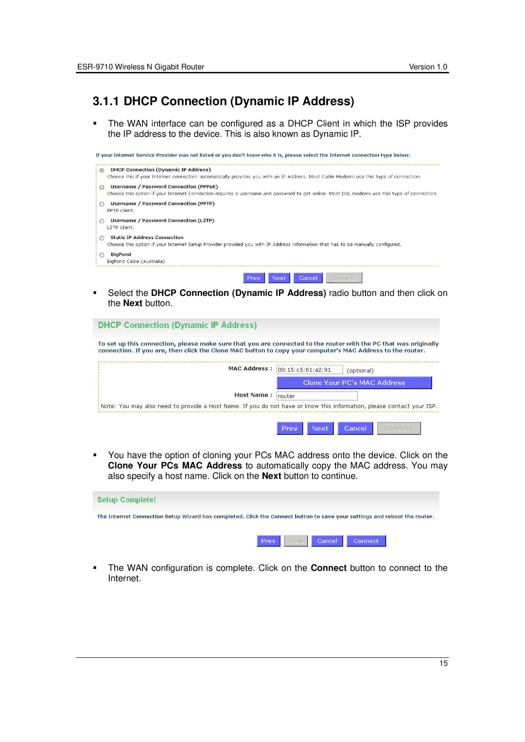 EnGenius Technologies ESR-9710 user manual Dhcp Connection Dynamic IP Address 