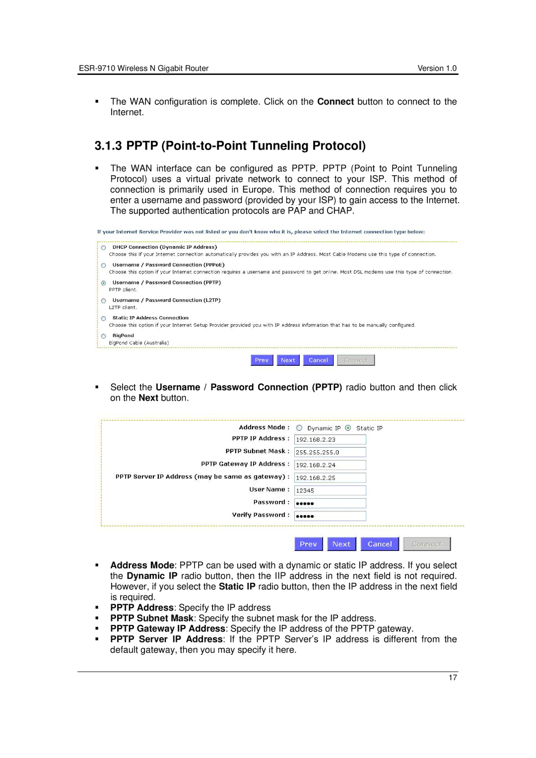 EnGenius Technologies ESR-9710 user manual Pptp Point-to-Point Tunneling Protocol 