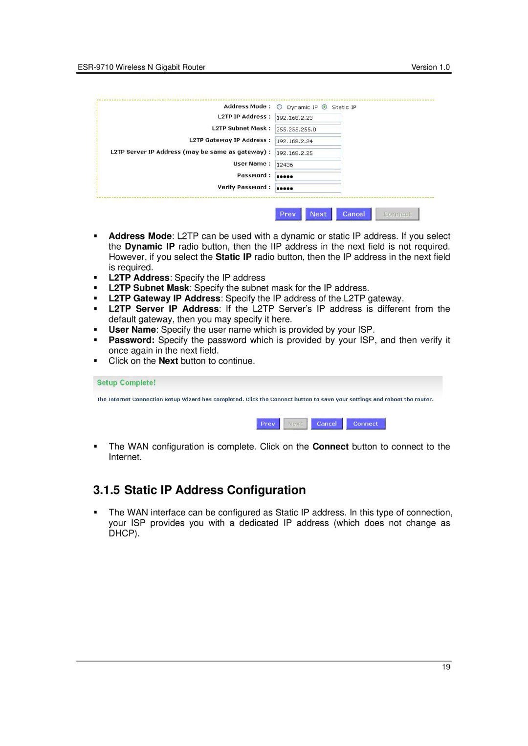 EnGenius Technologies ESR-9710 user manual Static IP Address Configuration 