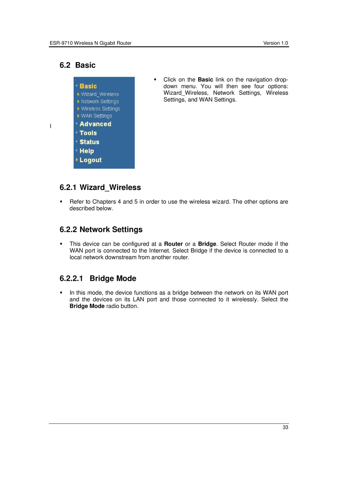 EnGenius Technologies ESR-9710 user manual Basic, WizardWireless, Network Settings, Bridge Mode 