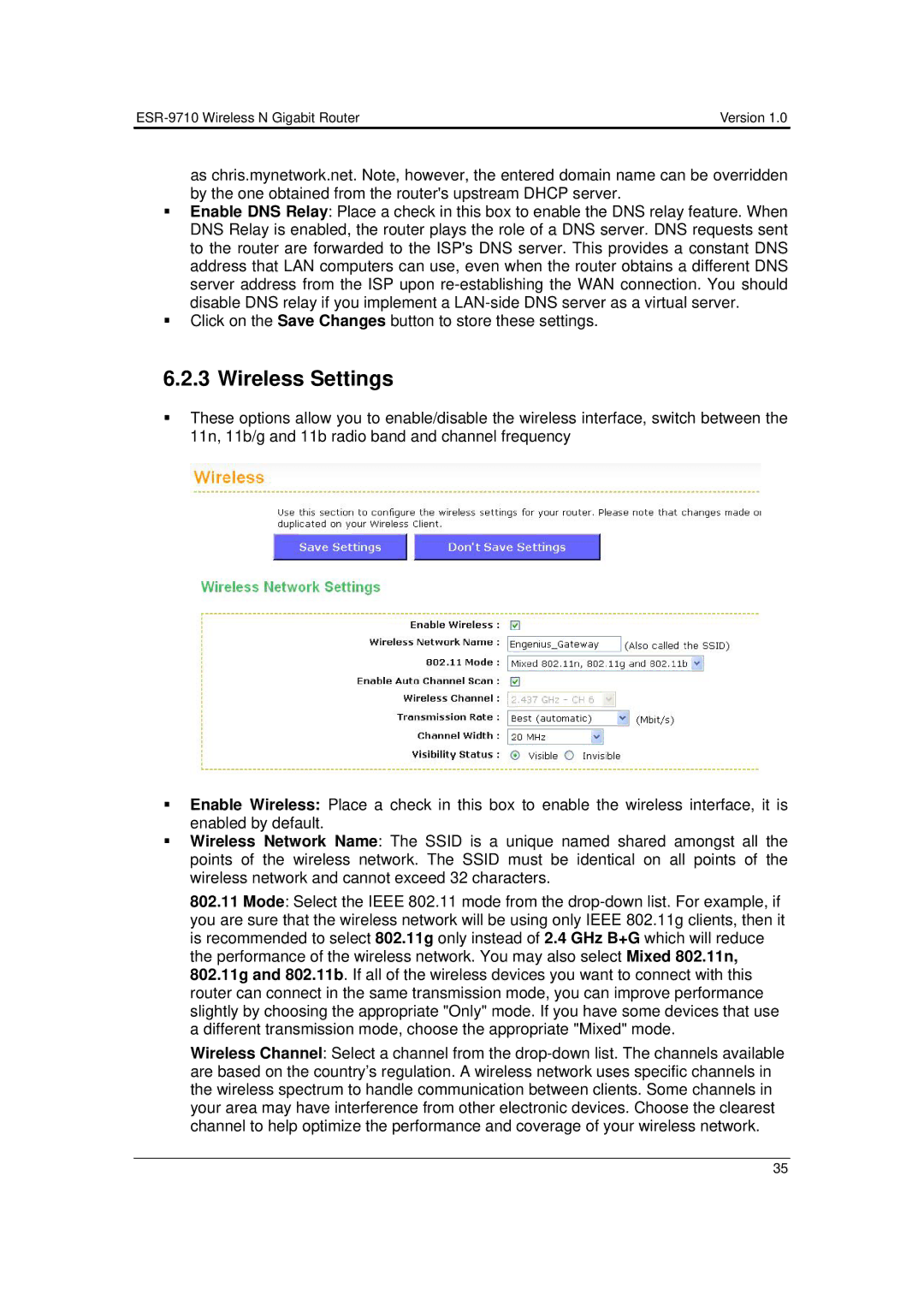 EnGenius Technologies ESR-9710 user manual Wireless Settings 