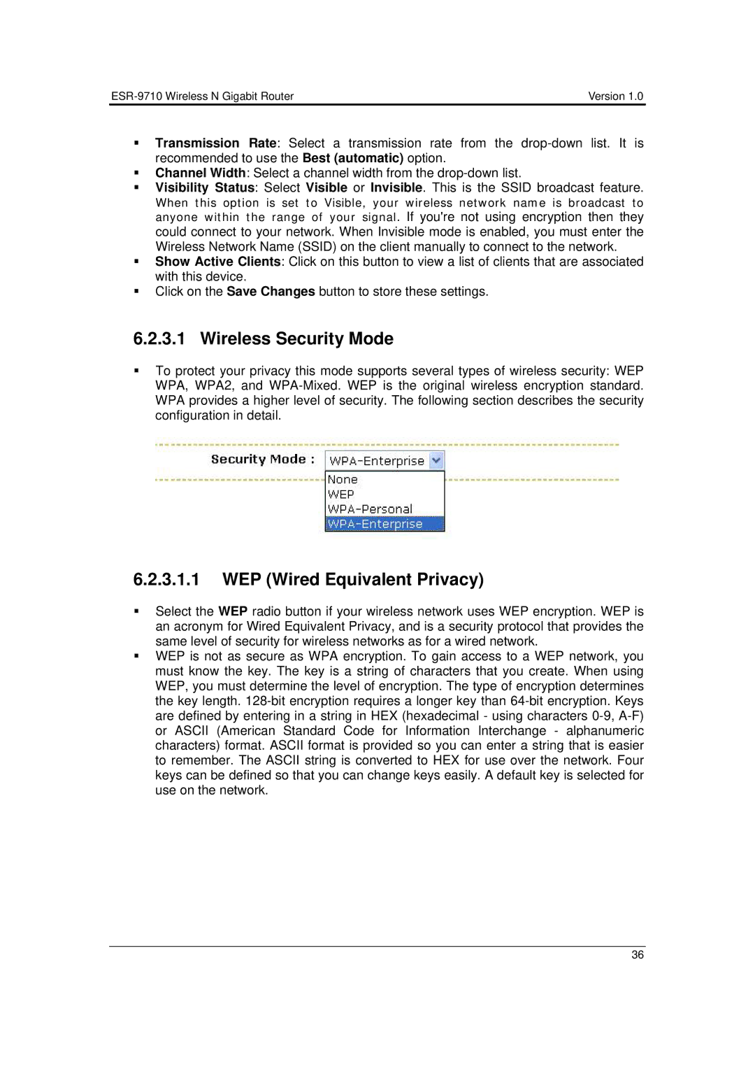 EnGenius Technologies ESR-9710 user manual Wireless Security Mode, WEP Wired Equivalent Privacy 