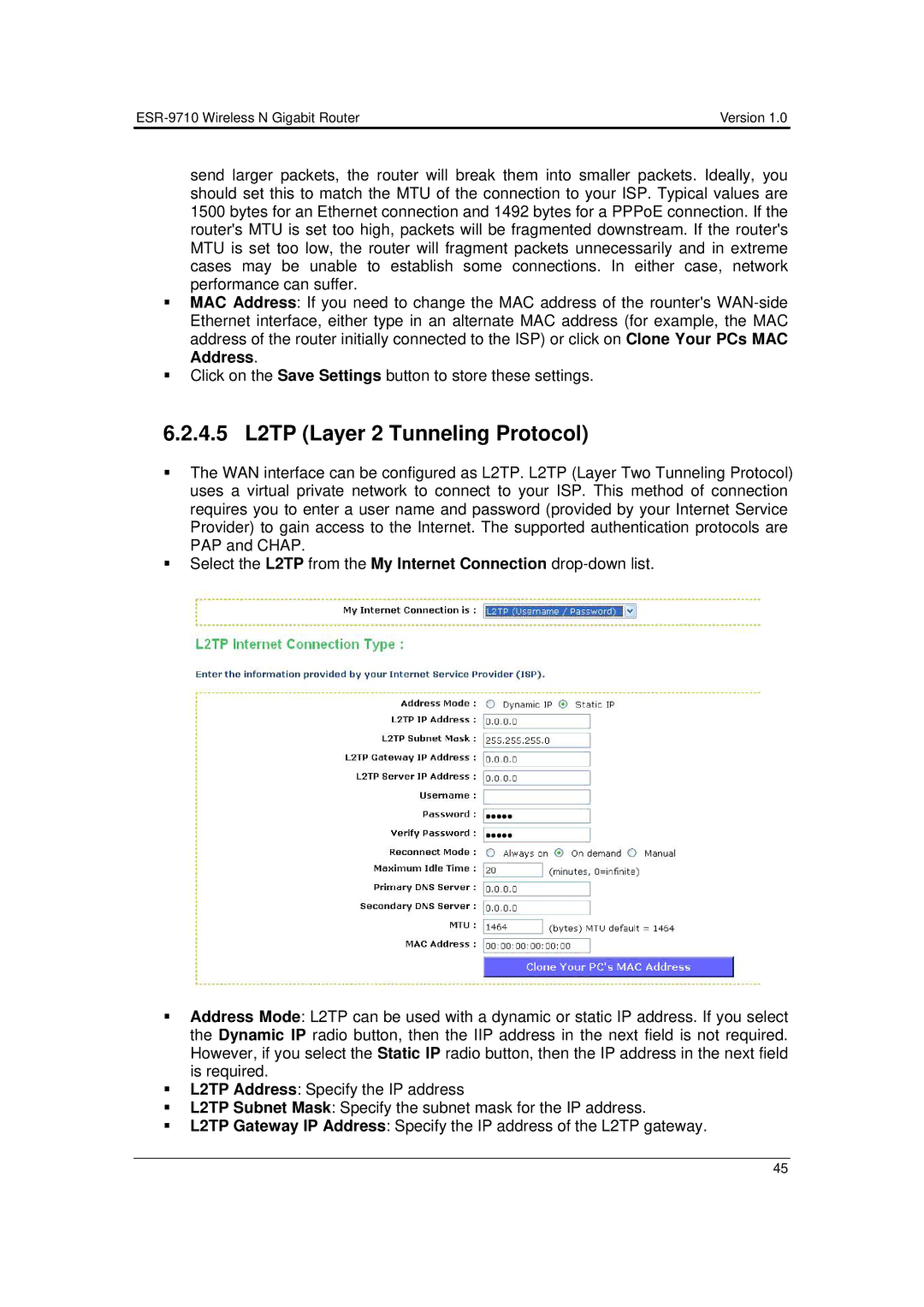 EnGenius Technologies ESR-9710 user manual 4.5 L2TP Layer 2 Tunneling Protocol 