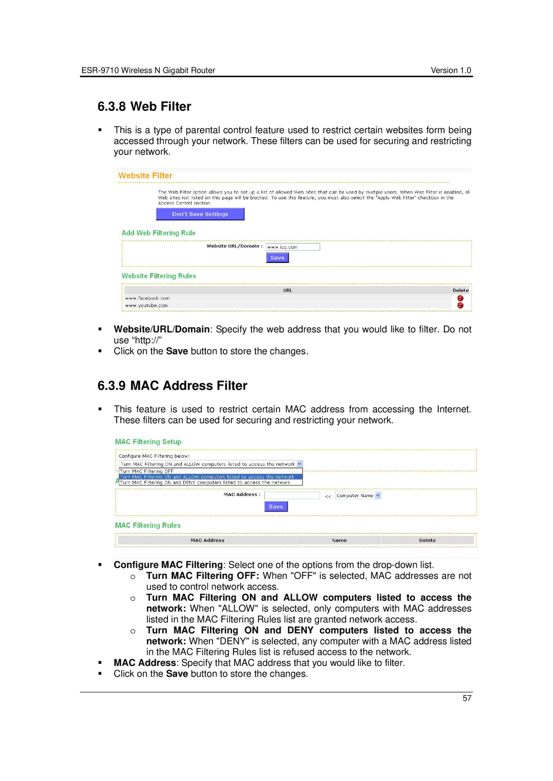 EnGenius Technologies ESR-9710 user manual Web Filter, MAC Address Filter 