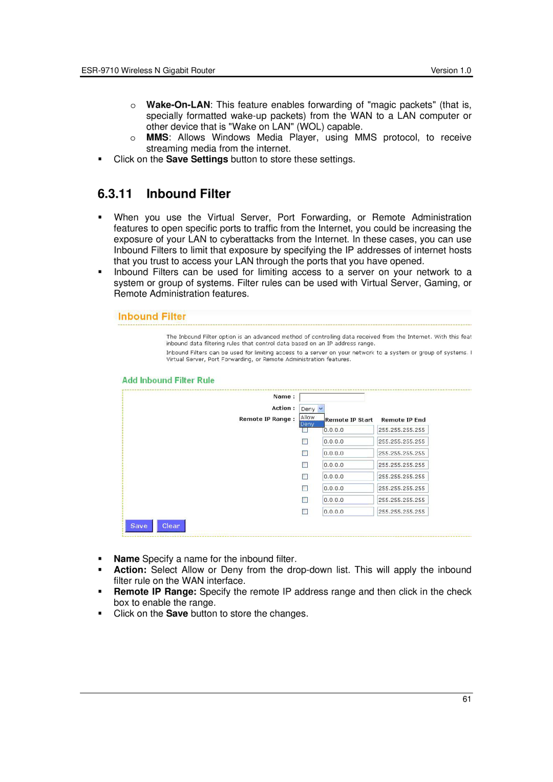 EnGenius Technologies ESR-9710 user manual Inbound Filter 