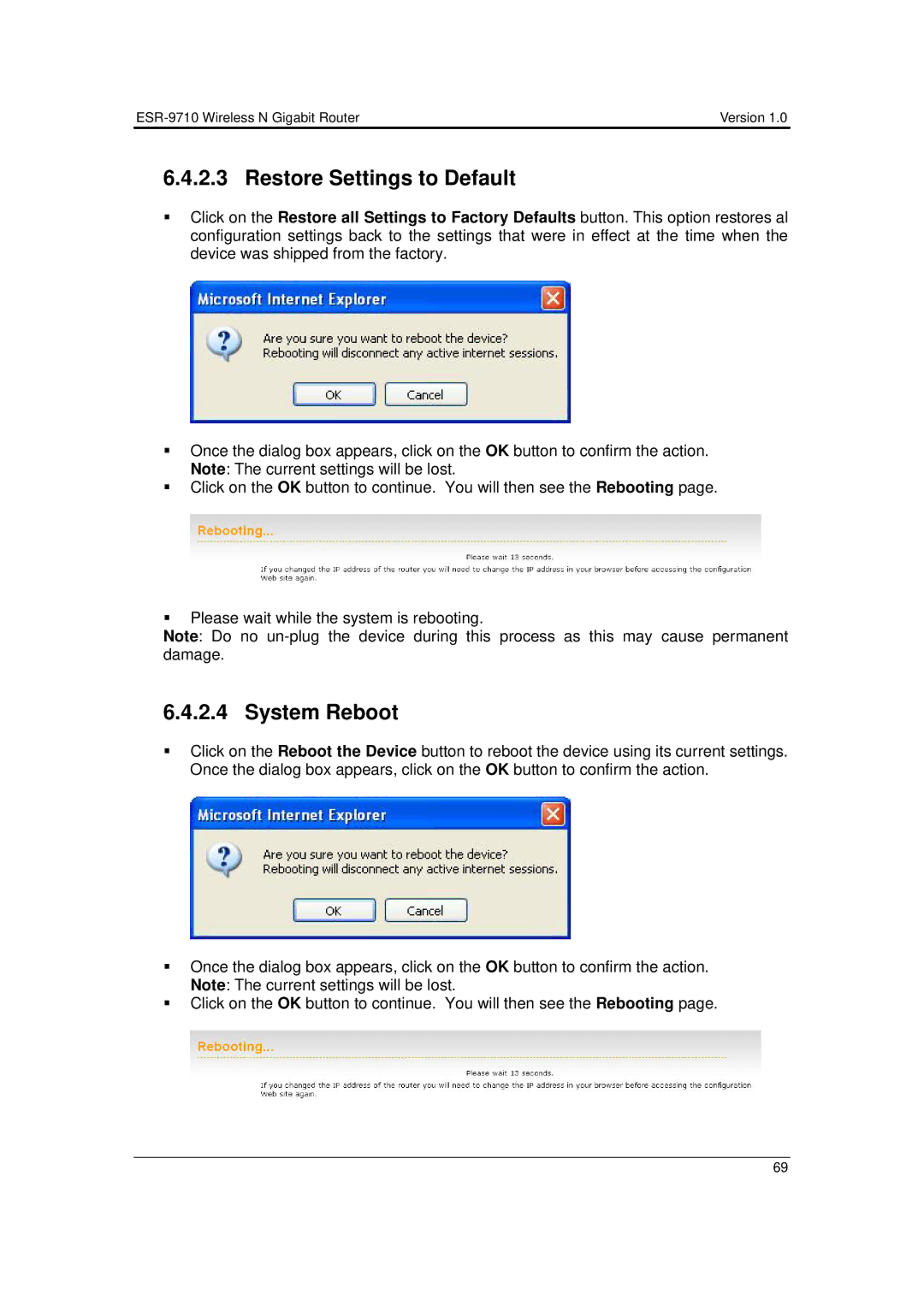 EnGenius Technologies ESR-9710 user manual Restore Settings to Default, System Reboot 