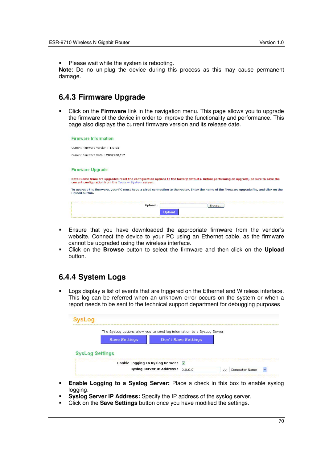 EnGenius Technologies ESR-9710 user manual Firmware Upgrade, System Logs 