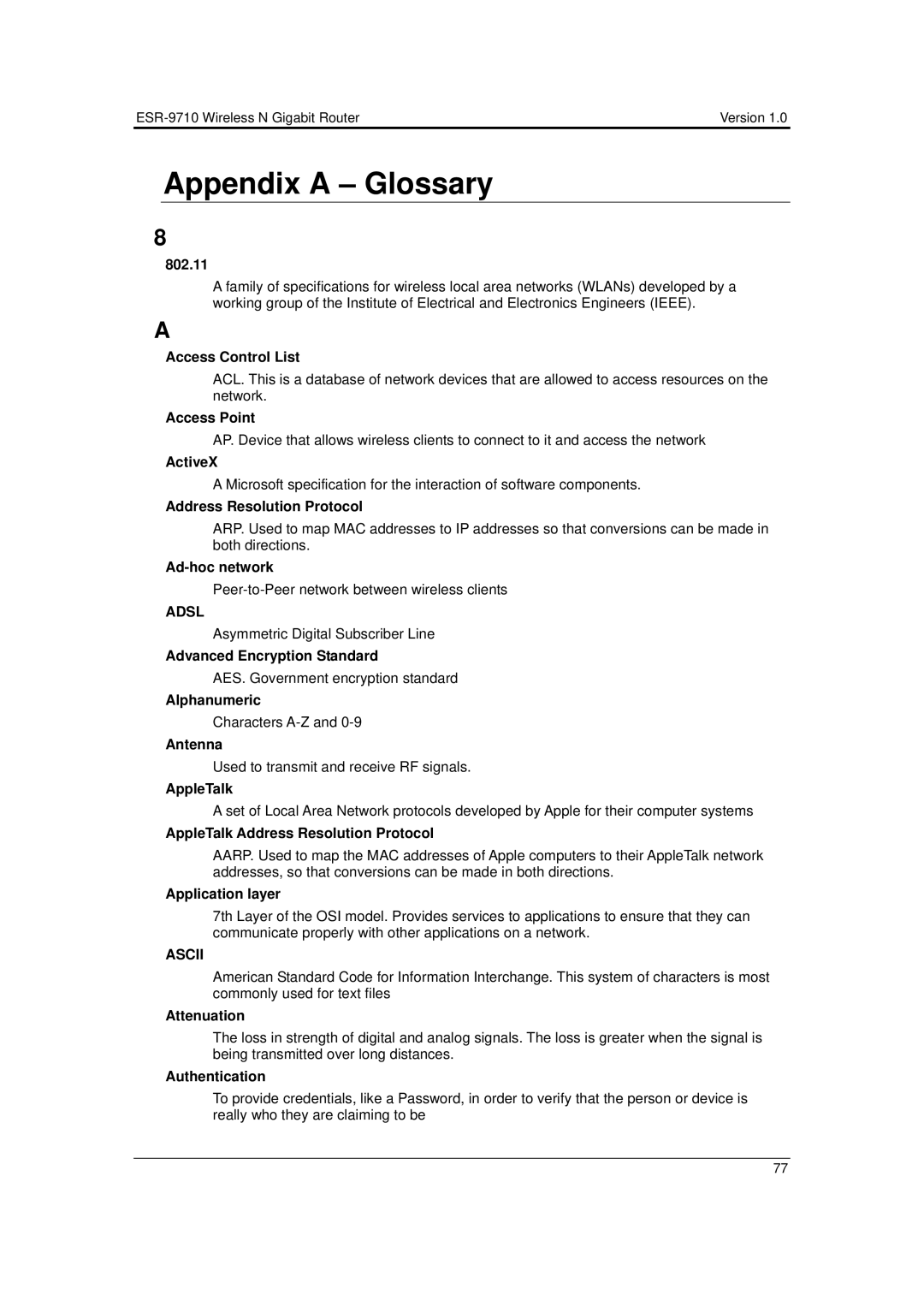 EnGenius Technologies ESR-9710 user manual Appendix a Glossary, Adsl, Ascii 