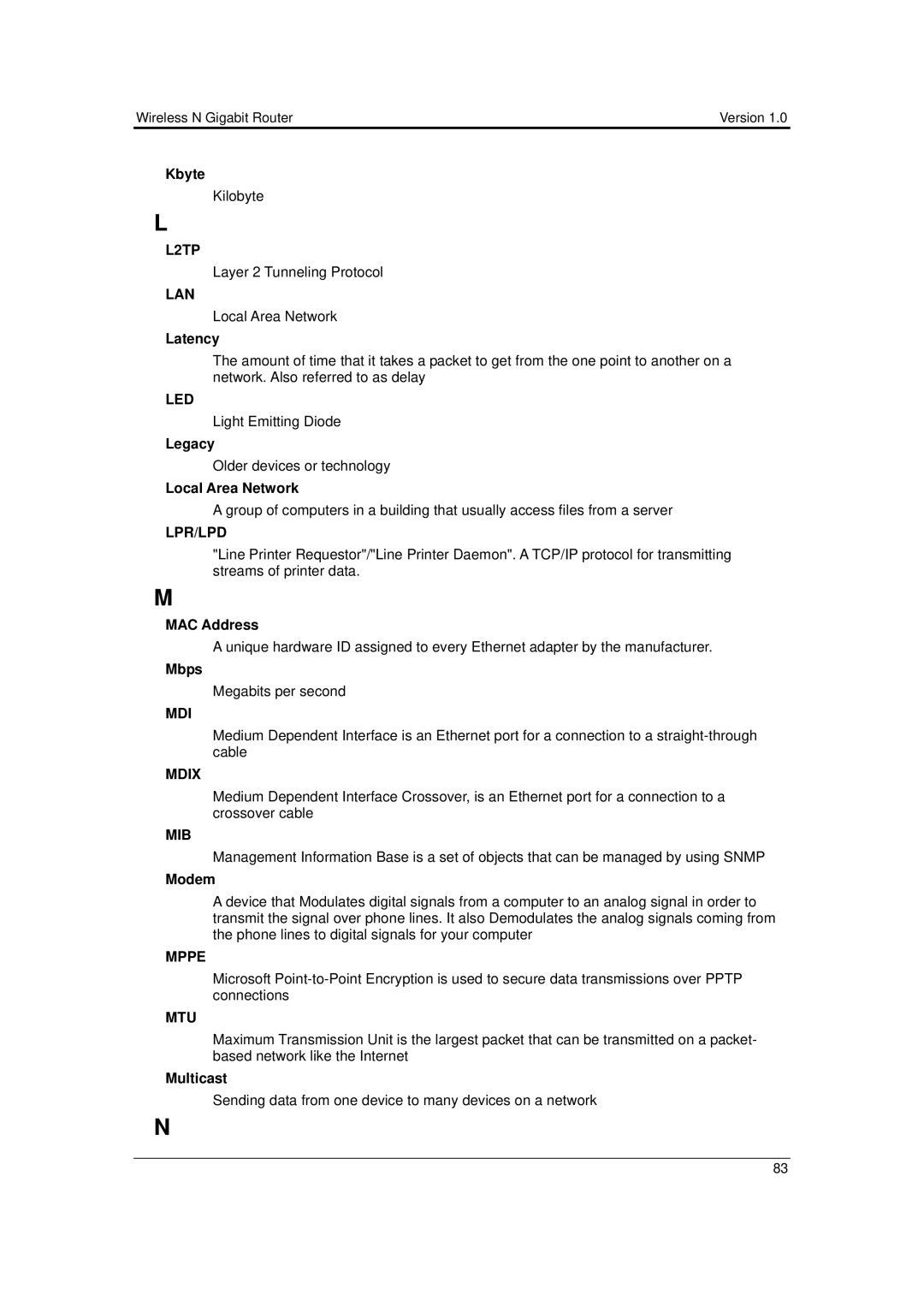 EnGenius Technologies ESR-9710 user manual L2TP, Lan, Led, Lpr/Lpd, Mdix, Mib, Mppe, Mtu 