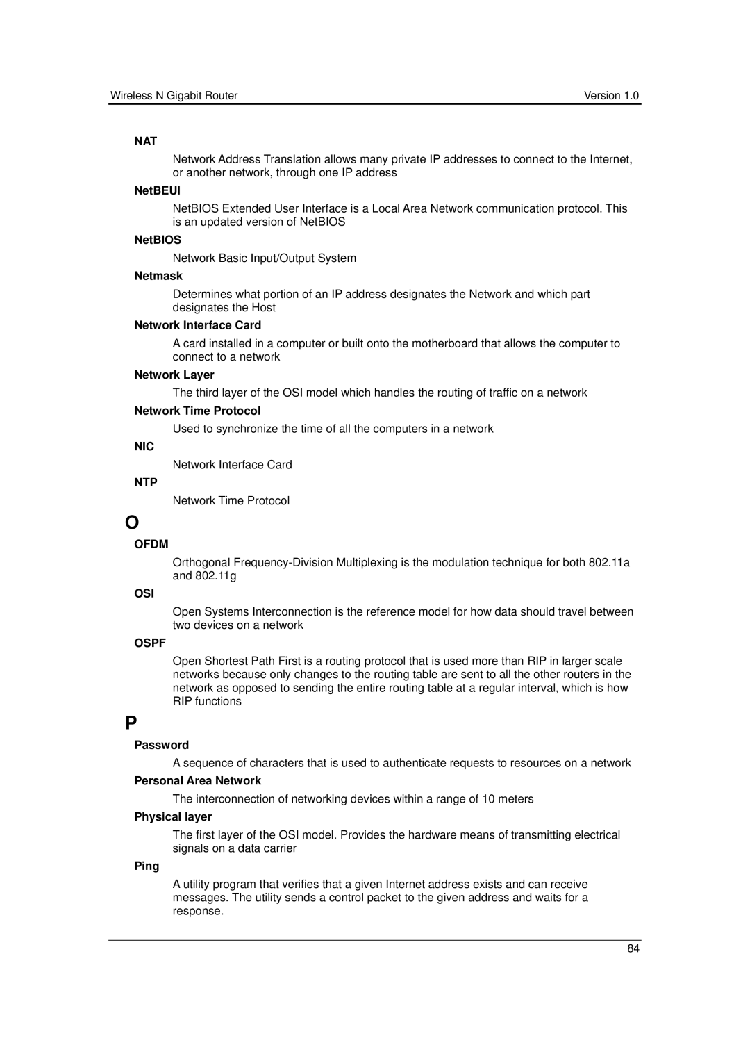 EnGenius Technologies ESR-9710 user manual Nat, Nic, Ntp, Ofdm, Osi, Ospf 