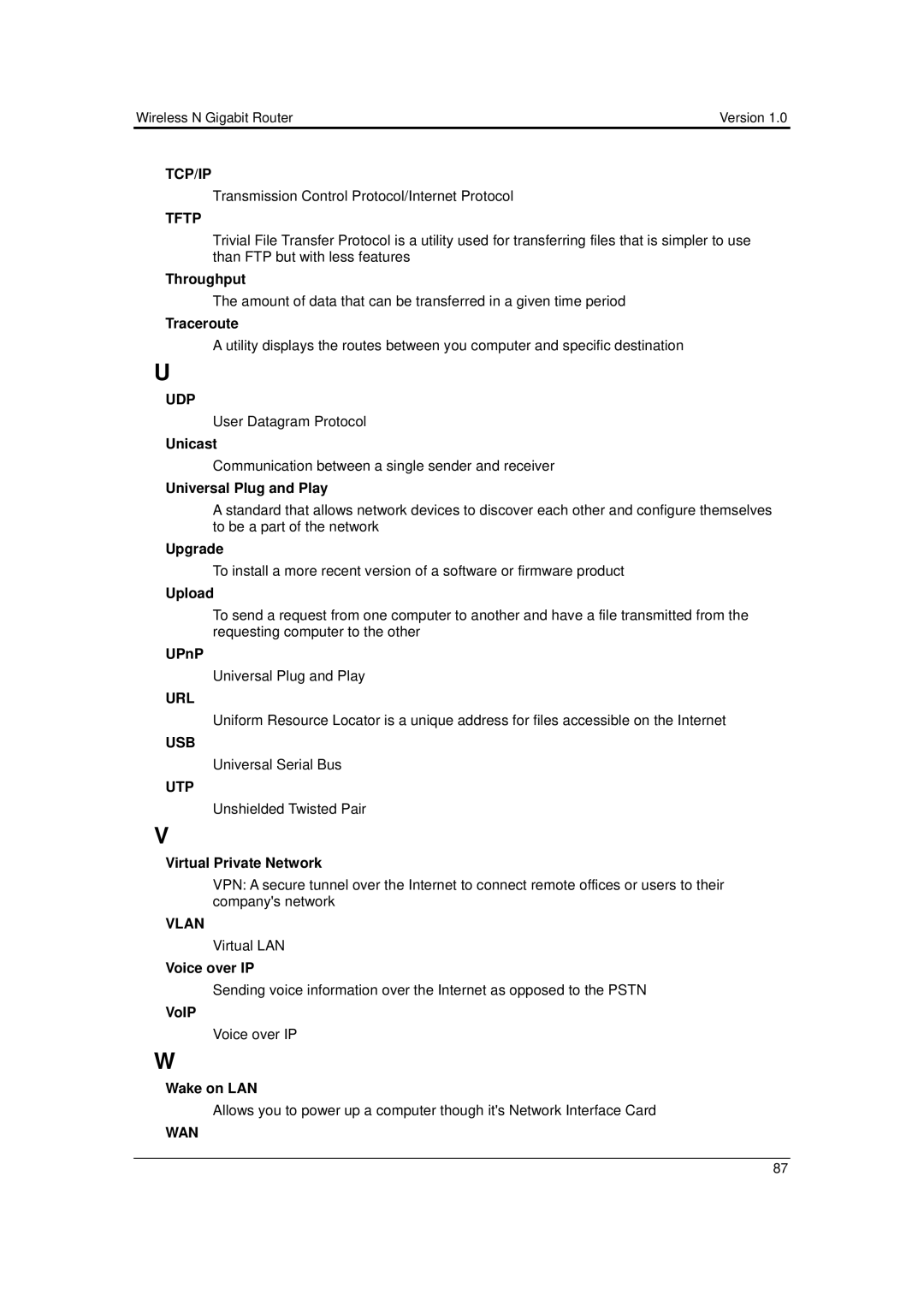 EnGenius Technologies ESR-9710 user manual Tcp/Ip, Tftp, Udp, Url, Usb, Utp, Vlan, Wan 