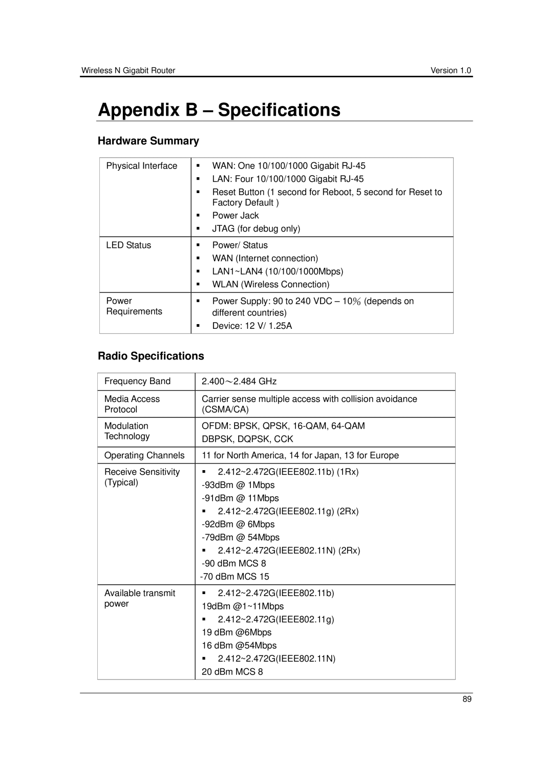 EnGenius Technologies ESR-9710 user manual Appendix B Specifications, Hardware Summary 