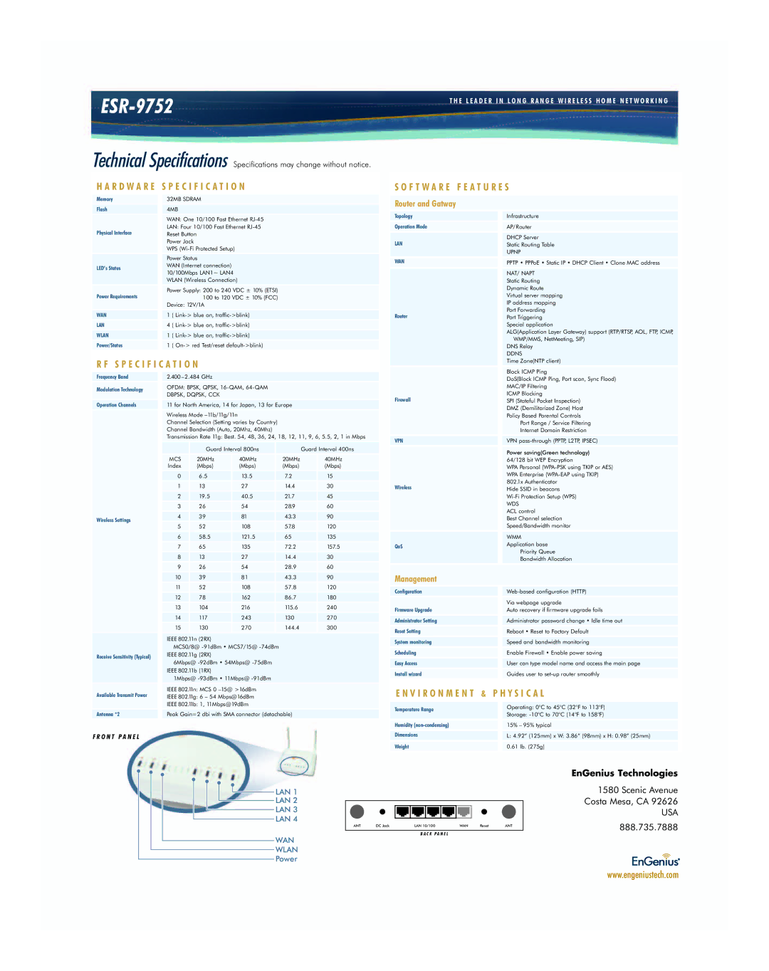 EnGenius Technologies ESR-9752 manual R D W a R E Specification, F T W a R E F E a T U R E S 