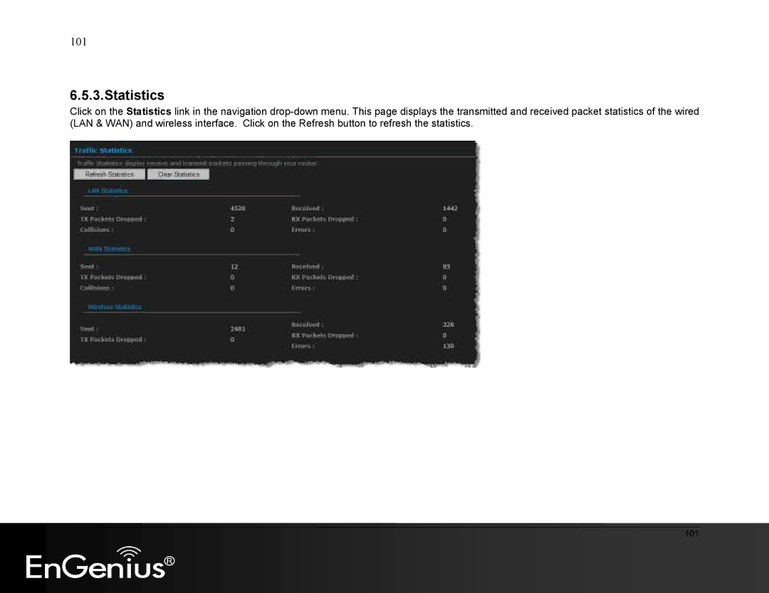 EnGenius Technologies ESR9855G manual Statistics 