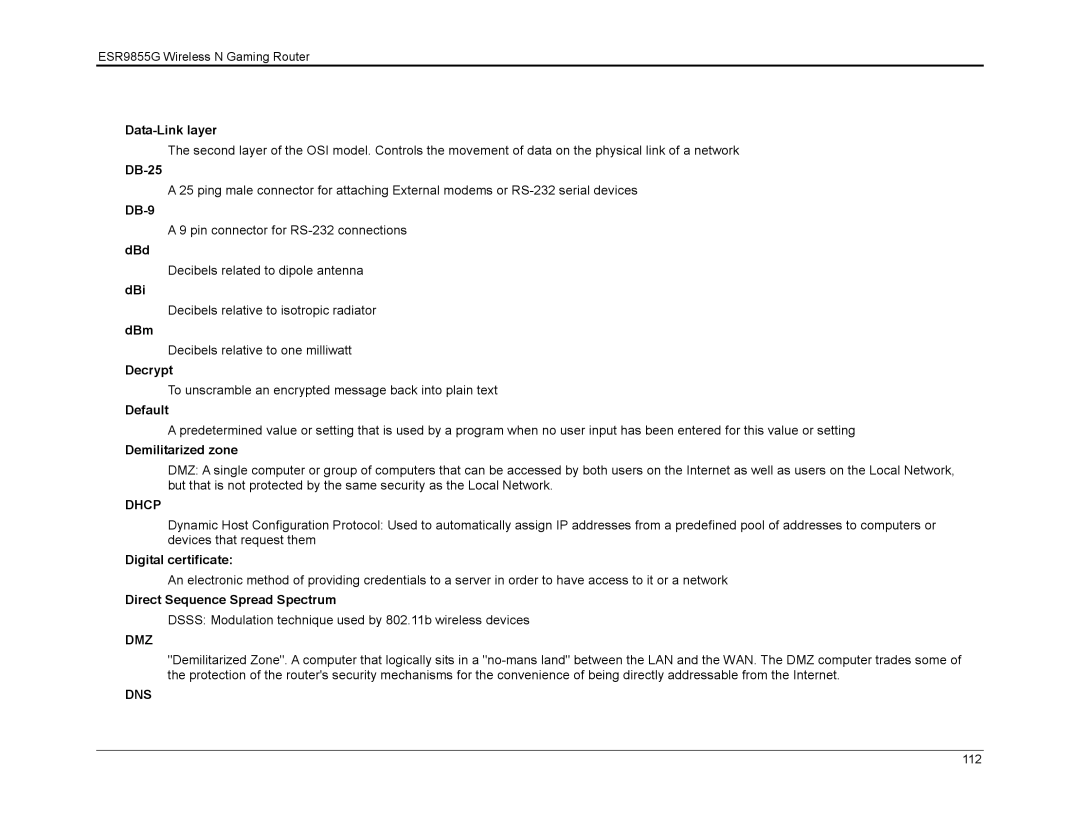 EnGenius Technologies ESR9855G manual Dhcp, Dmz, Dns 