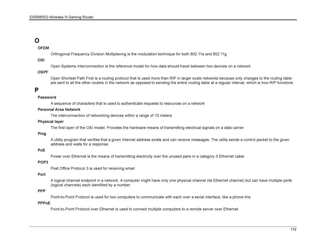 EnGenius Technologies ESR9855G manual Ofdm, Osi, Ospf, POP3, Ppp 