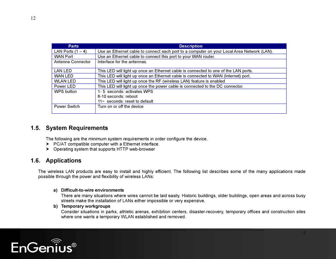 EnGenius Technologies ESR9855G manual System Requirements, Applications 