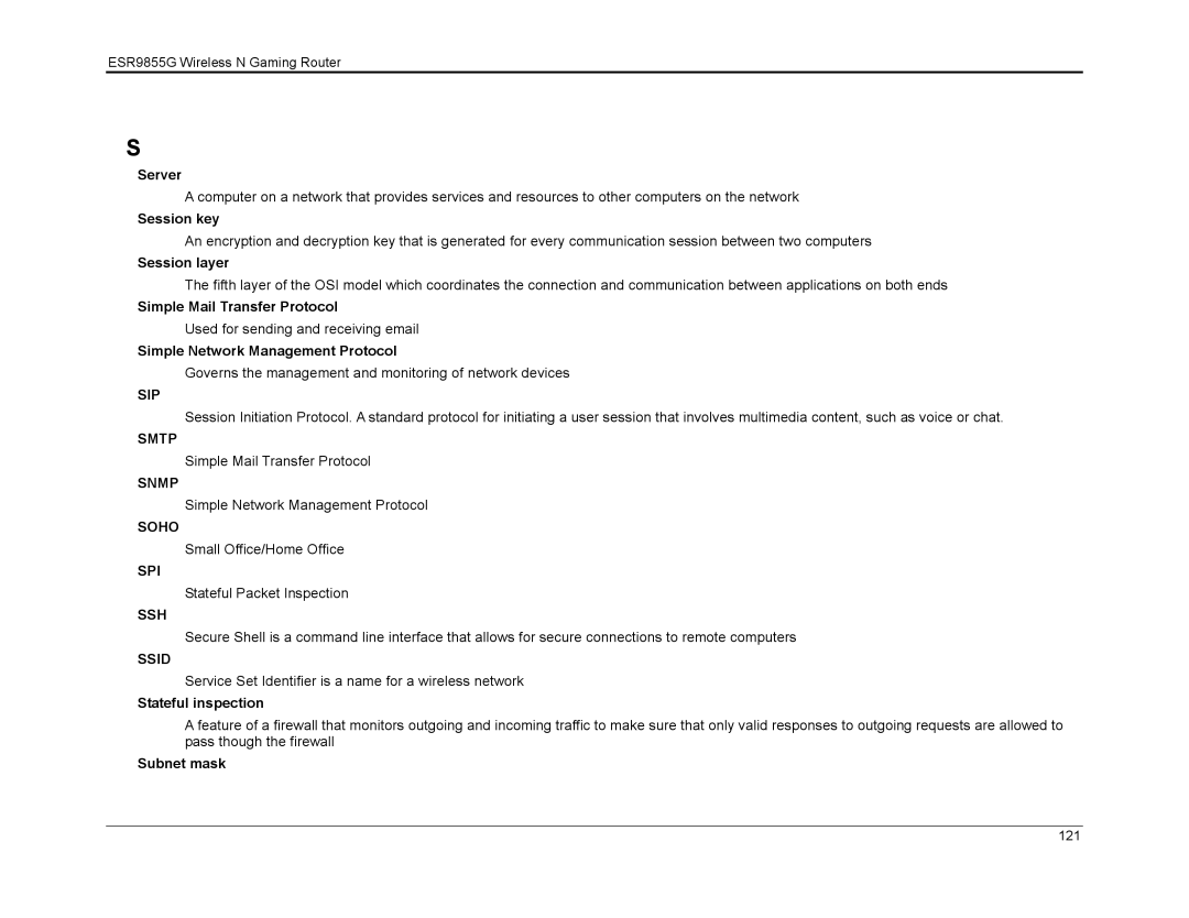 EnGenius Technologies ESR9855G manual Sip, Smtp, Snmp, Soho, Spi, Ssh, Ssid 