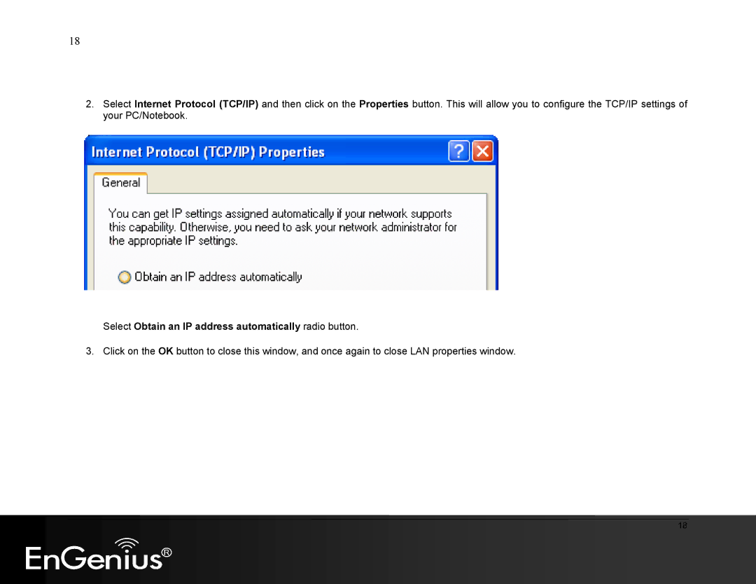 EnGenius Technologies ESR9855G manual Select Obtain an IP address automatically radio button 