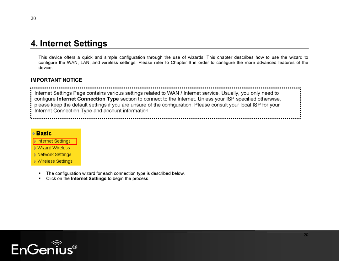 EnGenius Technologies ESR9855G manual Internet Settings 