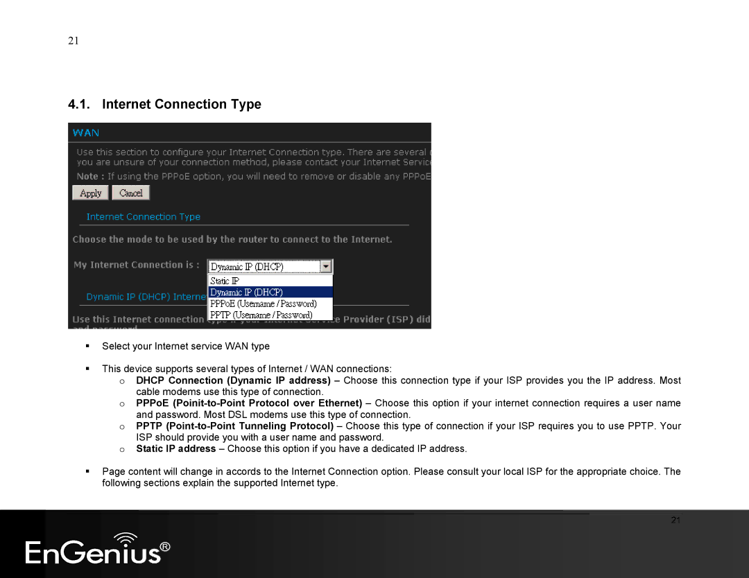 EnGenius Technologies ESR9855G manual Internet Connection Type 