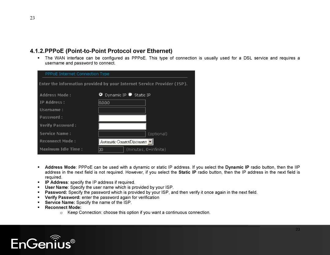 EnGenius Technologies ESR9855G manual PPPoE Point-to-Point Protocol over Ethernet, Reconnect Mode 