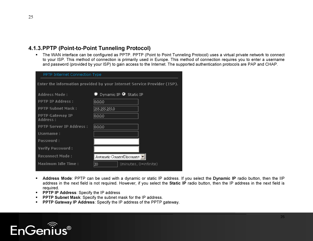 EnGenius Technologies ESR9855G manual Pptp Point-to-Point Tunneling Protocol 