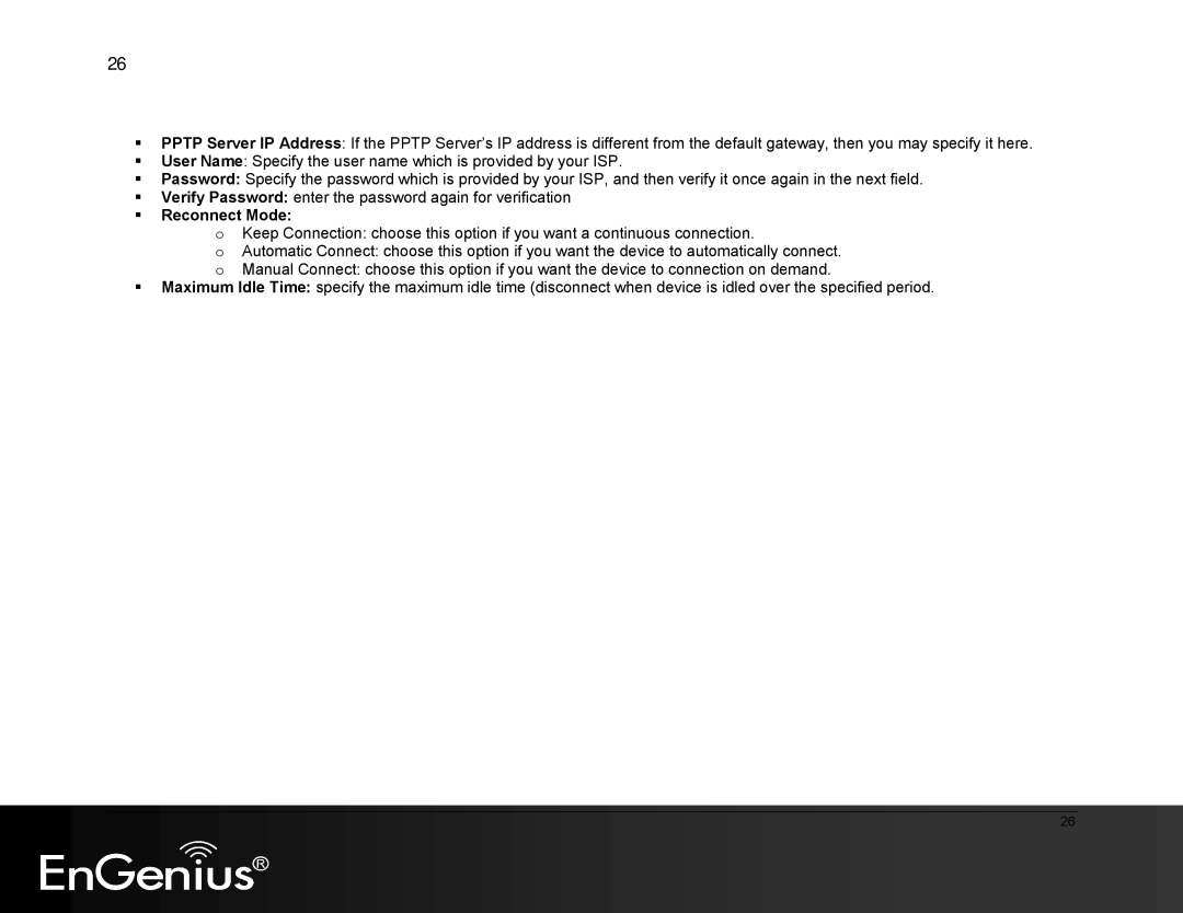 EnGenius Technologies ESR9855G manual Reconnect Mode 