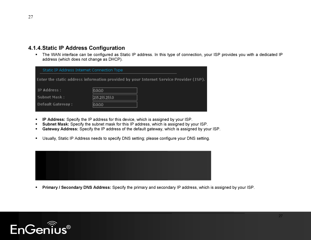 EnGenius Technologies ESR9855G manual Static IP Address Configuration 