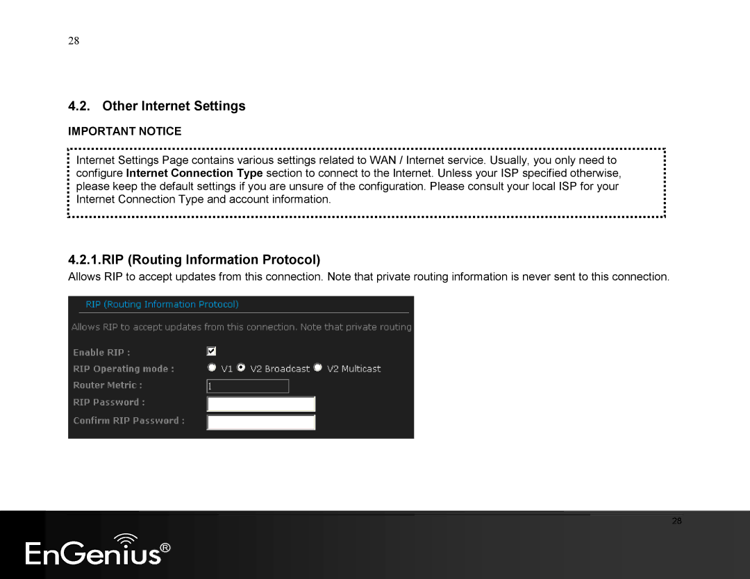 EnGenius Technologies ESR9855G manual Other Internet Settings, RIP Routing Information Protocol 