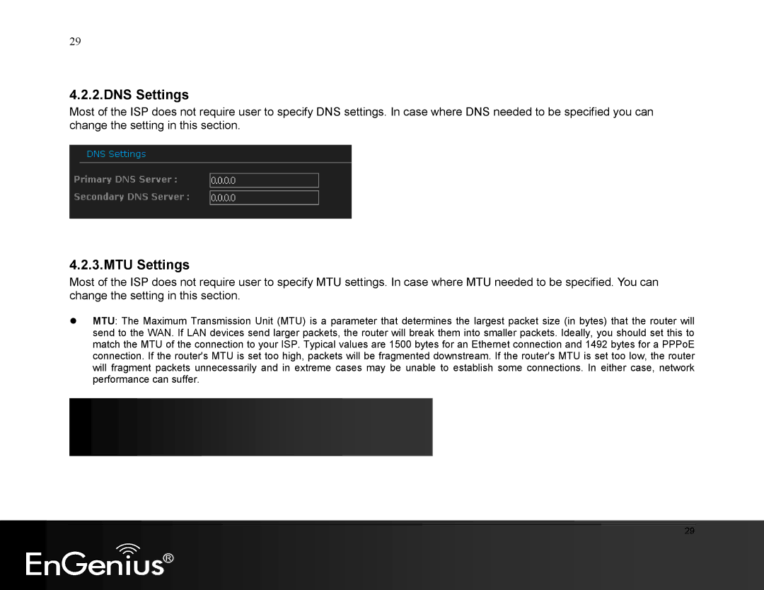 EnGenius Technologies ESR9855G manual DNS Settings, MTU Settings 