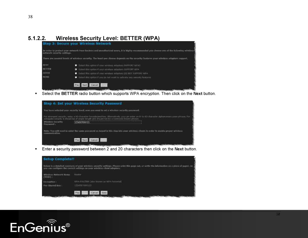 EnGenius Technologies ESR9855G manual Wireless Security Level Better WPA 