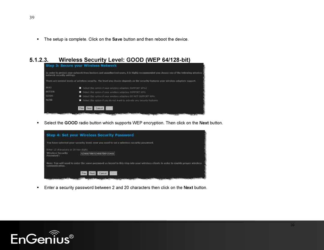 EnGenius Technologies ESR9855G manual Wireless Security Level Good WEP 64/128-bit 