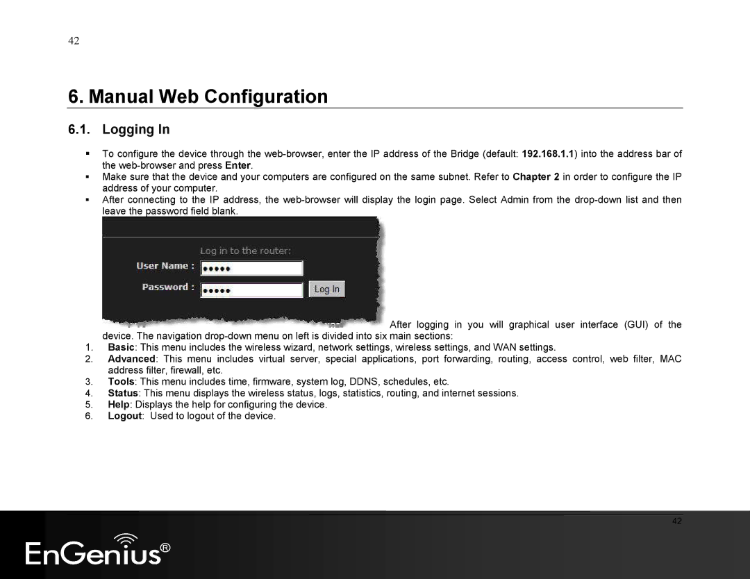 EnGenius Technologies ESR9855G manual Manual Web Configuration, Logging 