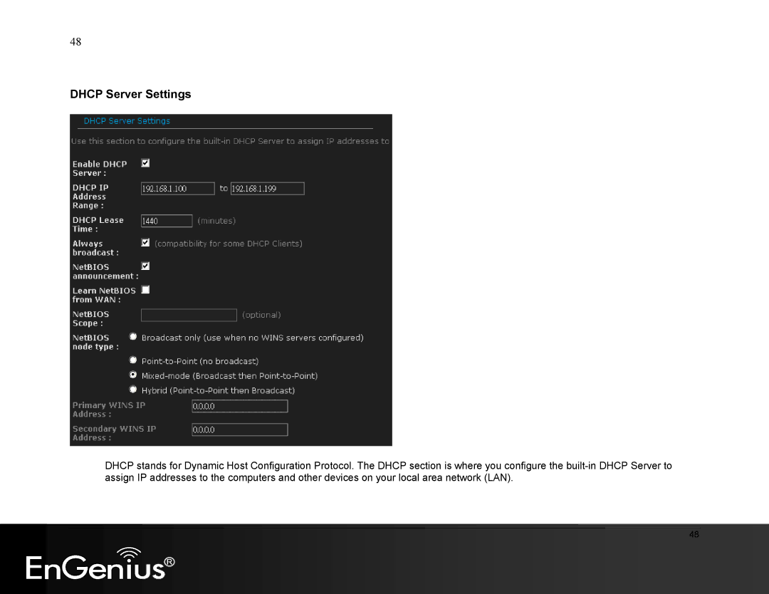 EnGenius Technologies ESR9855G manual Dhcp Server Settings 