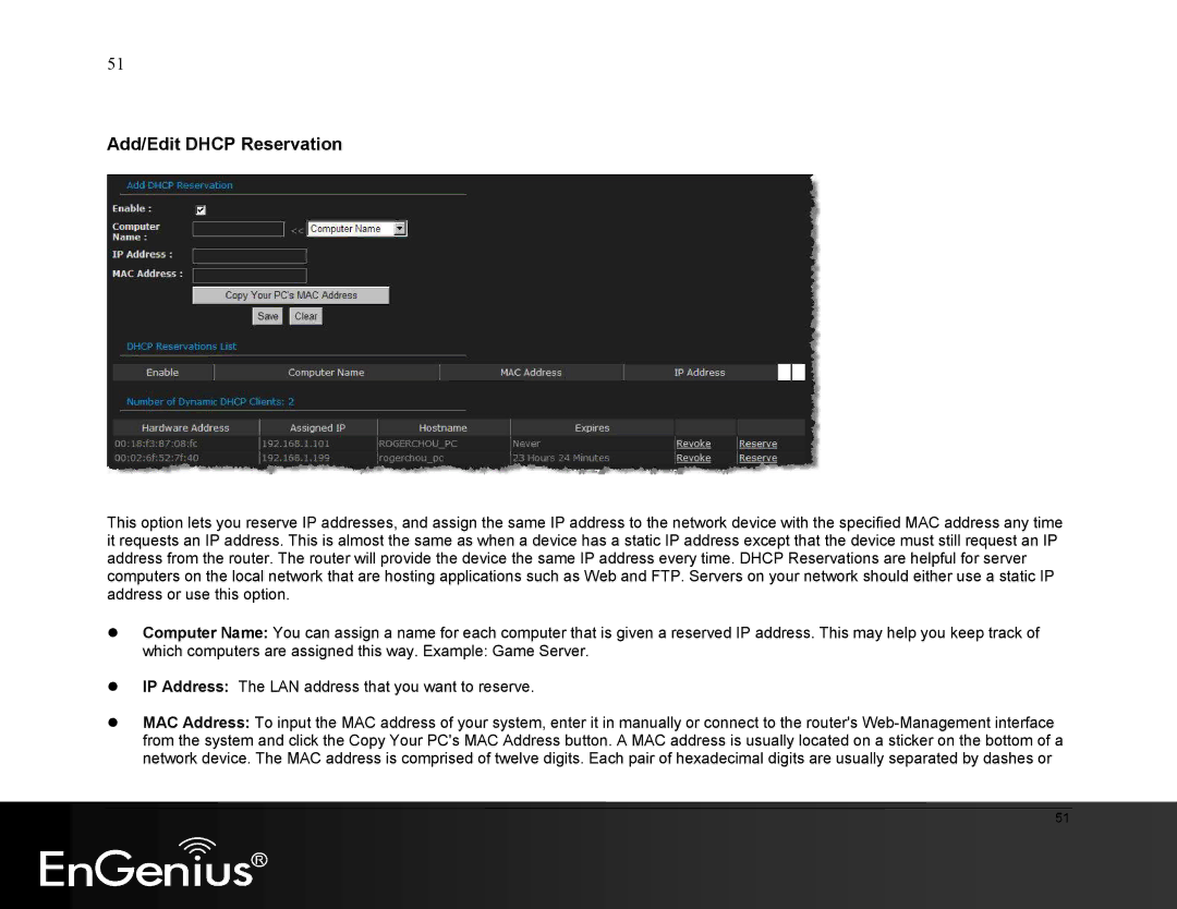 EnGenius Technologies ESR9855G manual Add/Edit Dhcp Reservation 