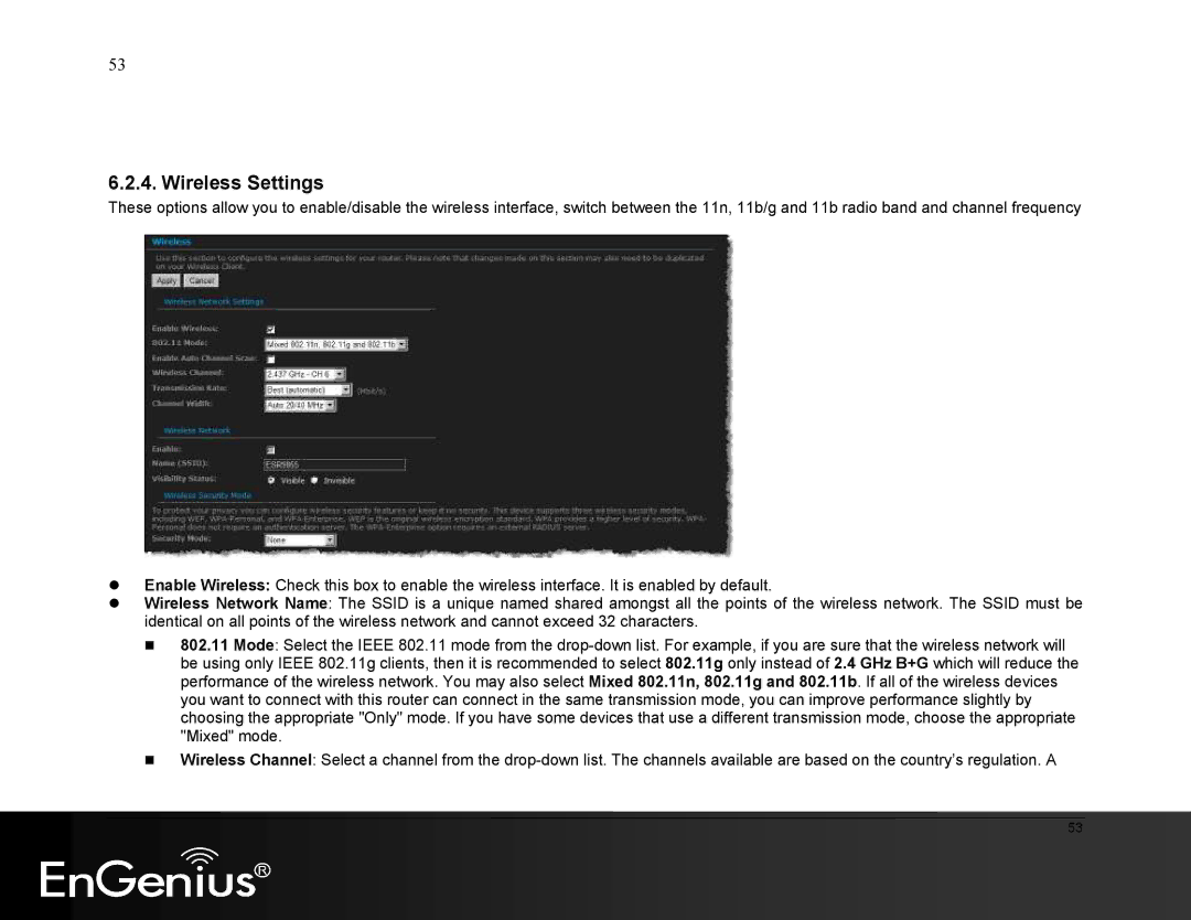 EnGenius Technologies ESR9855G manual Wireless Settings 