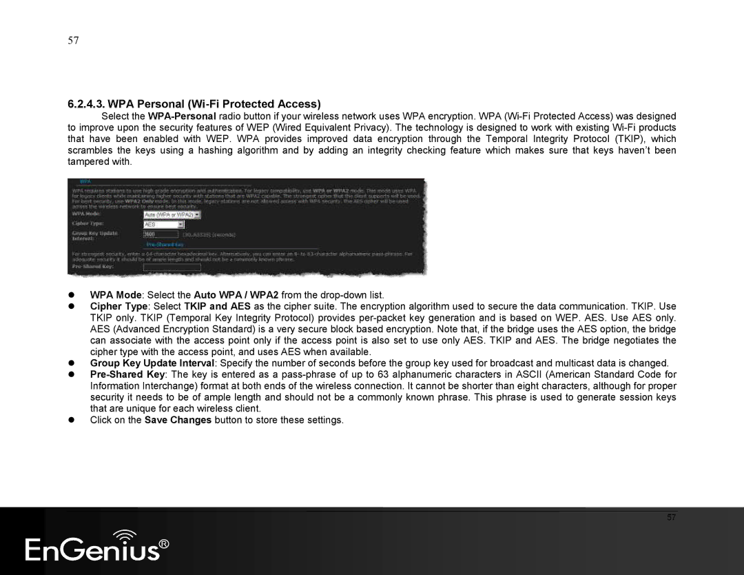 EnGenius Technologies ESR9855G manual WPA Personal Wi-Fi Protected Access 