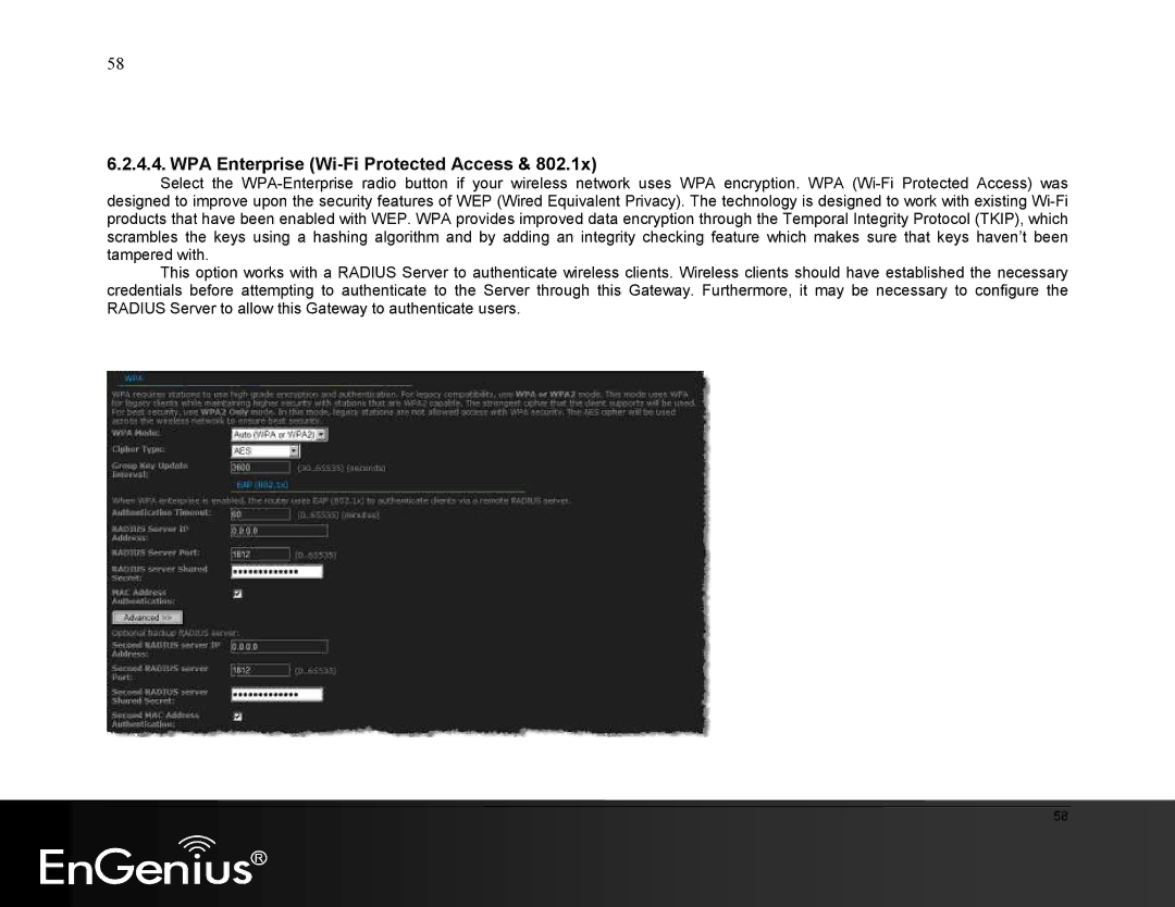 EnGenius Technologies ESR9855G manual WPA Enterprise Wi-Fi Protected Access 