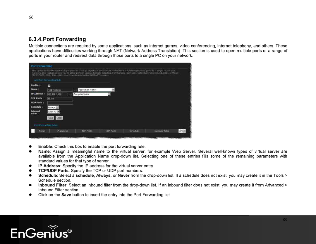 EnGenius Technologies ESR9855G manual Port Forwarding 