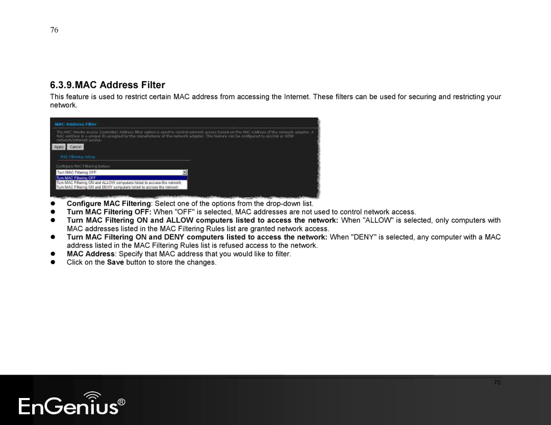 EnGenius Technologies ESR9855G manual MAC Address Filter 