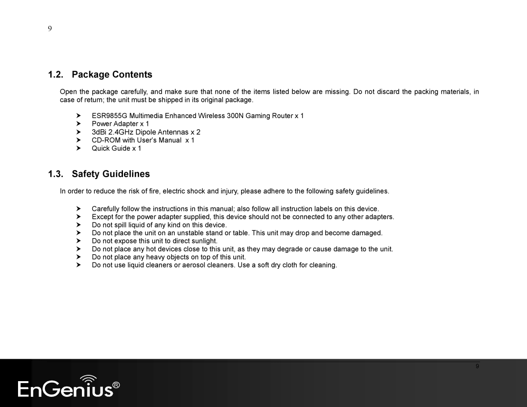 EnGenius Technologies ESR9855G manual Package Contents, Safety Guidelines 