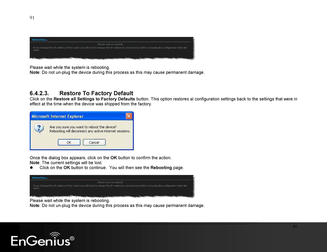 EnGenius Technologies ESR9855G manual Restore To Factory Default 