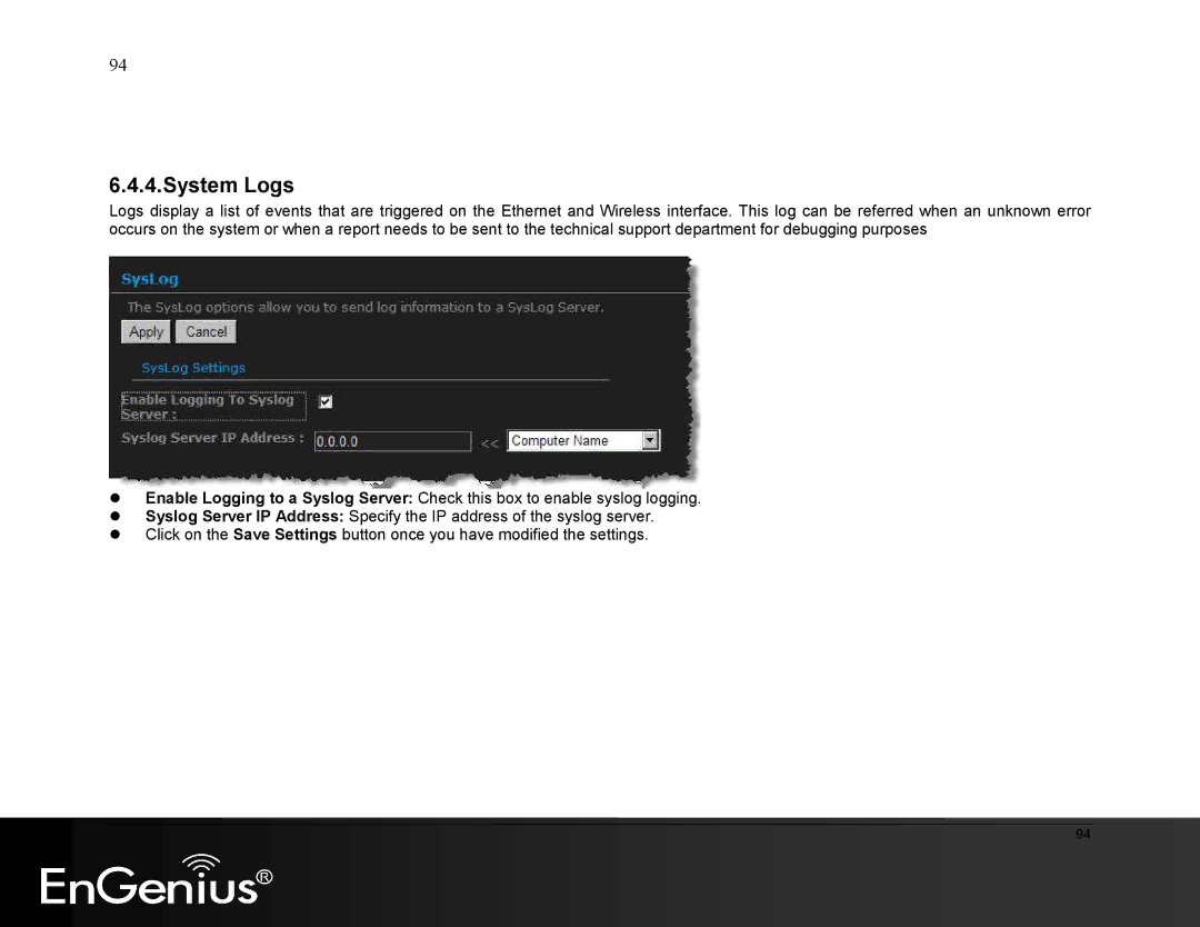 EnGenius Technologies ESR9855G manual System Logs 
